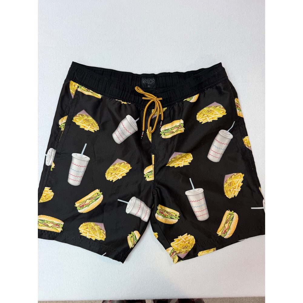 Valor Collective Mens Black Fast Food Print Swim Trunks Shorts Medium Burger Fry